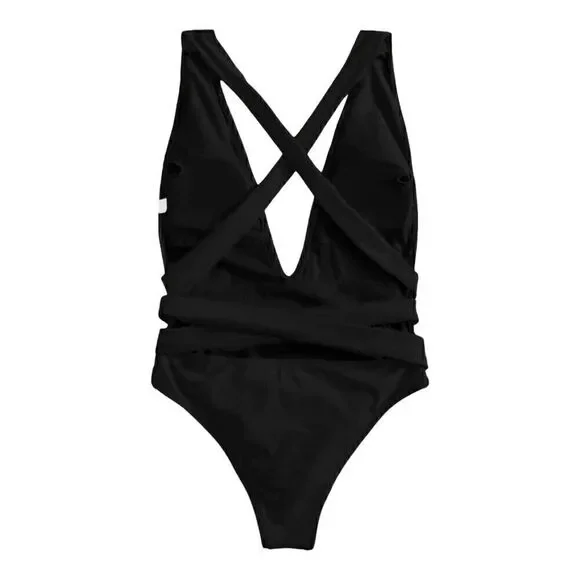 Lilosy Womens Black Halter Deep V-Neck Wrap Tie Waist One-Piece Swimsuit Size L - Picture 13 of 14